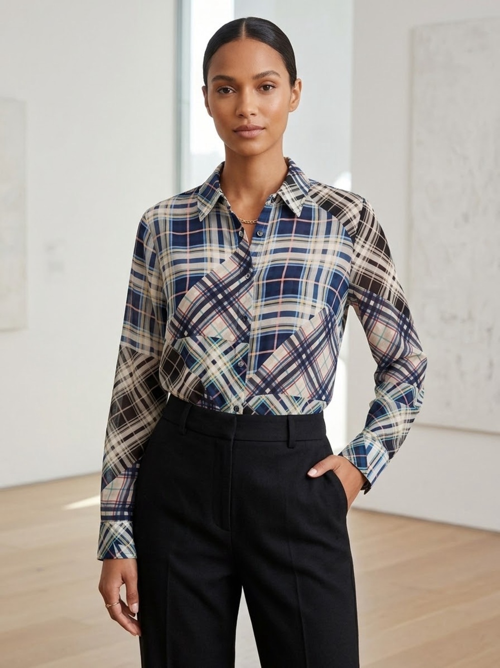 Johnny Was Workshop Silk Plaid Patchwork Button Down Shirt Size Medium